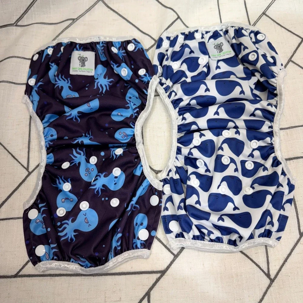 Sarah-Jane Collection Swim Diapers OS Blue Octopus Whale Reusable Snaps Set of 2